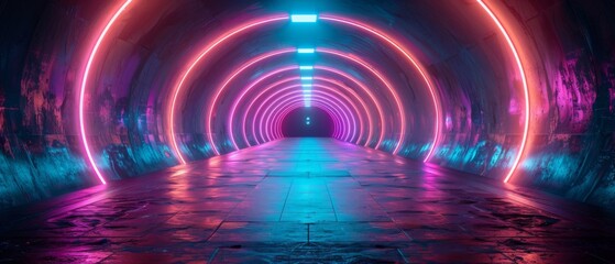 Poster - Shadowed Spectrum: Exploring 3D futuristic sci-fi high-tech empty space pathways with neon black and purple light strips in cyberpunk colors