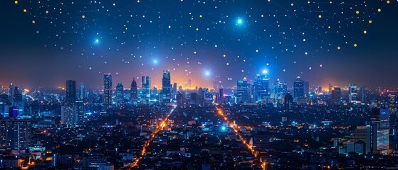 Poster - Thailand, smart network technology and connection concept at night with Bangkok city background, panoramic view