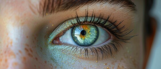 Aufkleber - A close-up of a woman's eye with a visual effect, isolated on a white background.