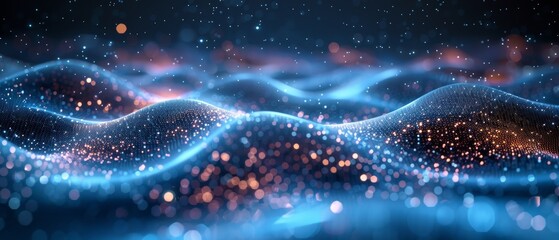 Poster - A dark blue abstract cyberspace background with an abstract wave shape on a low-polygonal triangular background.