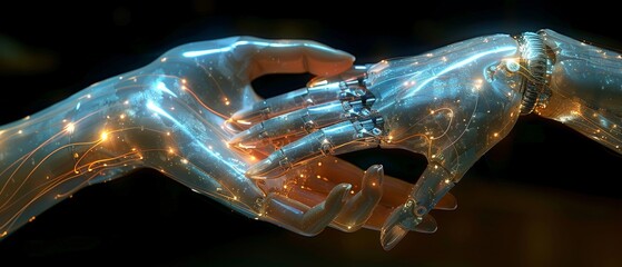 Leinwandbilder - An illustration of a robot and a human touching on a future interface for a global virtual network. This is an illustration of artificial intelligence technology.