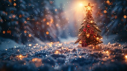 Wall Mural - A Christmas Tree and Gift Boxes On Snow With Shiny Stars In Winter Abstract Landscape