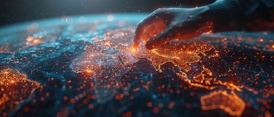 Poster - 3D rendering of a businessman touching a global network and exchanging data over the world