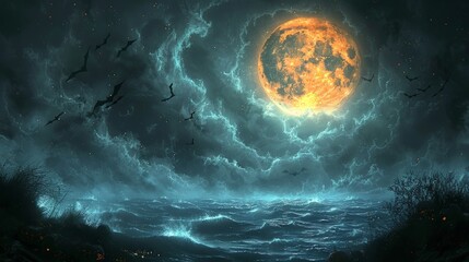 Poster - It contains a 3D illustration of a spooky moon in a cloudy sky with bats on Halloween Night