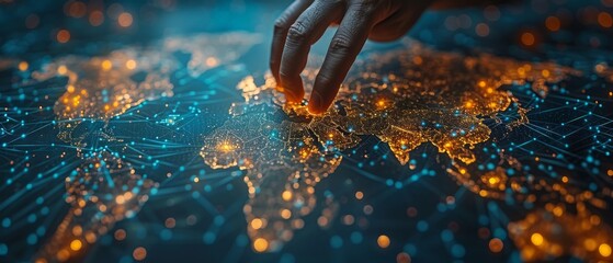 Poster - The businessman touches the global network and exchanges data over the globe in 3D