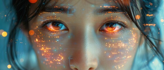 Leinwandbilder - This is a portrait of a female Asian entrepreneur using an innovative ecommerce app using AI, Big Data, and projecting the code on her face. She is wearing a digital jacket.