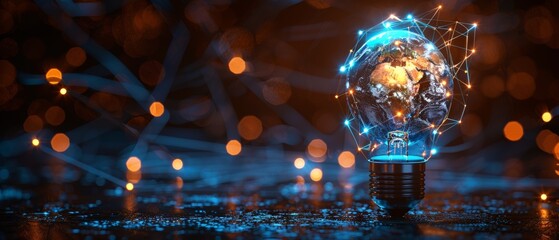 Aufkleber - A blue light bulb with Earth inside it. The concept of Earth hour ecology. Low poly style design. Geometric background. Wireframe light connection structure. Modern graphic.  illustration.