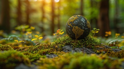 Poster - The Environment - Green Globe In Forest With Moss And Defocused Abstract Sunlight