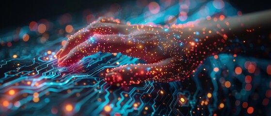 Fototapete - Big Data concept. Digital neural network. Hand of business woman touching introduction of artificial intelligence. Cyberspace of the future. Science and innovation of technology.