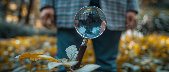 Poster - The businessman uses a magnifying glass to find the human icon for CRM systems and customer relationship management. Social media marketing online. HRM, human resources management.
