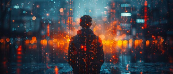 Poster - Double exposure, programmer, software developer working on digital tablet and smart city with binary, html computer code on screen.