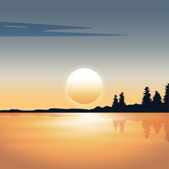 Wall Mural - Beautiful sunset over the sea with land on the horizon