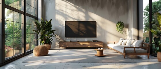 Aufkleber - 3D rendering of minimalist living room with TV on plain wall. Interior design with furniture and laminate cabinet on white floor.