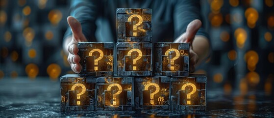 Leinwandbilder - The question mark icons on hexagons make a pyramid and a hand is holding the top element. Customer FAQ, digital technology, AI integration, service innovation, creative answers, FAQ concept.