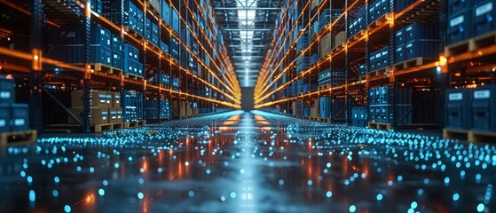 Poster - A digital warehouse. Stock management system, modern distribution building, an e-commerce warehouse, a digital logistics warehouse, a smart package hardware system, a smart delivery system,