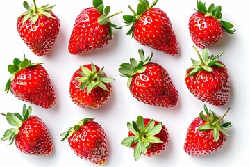 Poster - Strawberry berries isolated on white background, top view, berry pattern