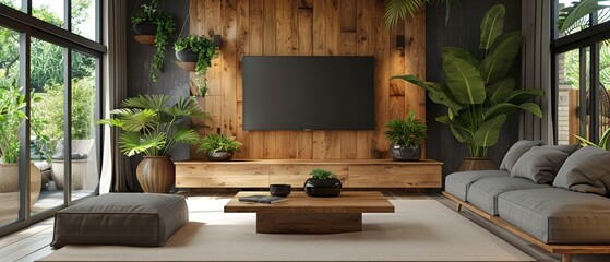 Aufkleber - A minimalist living room with a TV on an unadorned wall. Furniture, laminate cabinet, white floor, and 3D rendering.