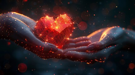 Poster - An abstract drawing of a giver's hand holding a heart with an abstract geometric background. Wireframe light connections. Isolated  illustration. Low poly style. Abstract geometric background.