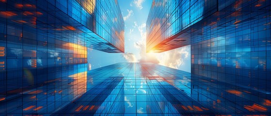 Poster - A modern skyscraper. Polygonal modern glass silhouettes in the city. A low poly wireframe  illustration.
