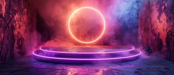 Poster - A circle neon light in a black hall room with a futuristic concept, an abstract geometric background, and a product display set against a scene with 3D rendering.