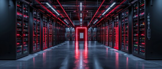 Leinwandbilder - Digital data centers make cloud computing in server racks. Web online service remote internet storage. Abstract concept banner with text placed centered.