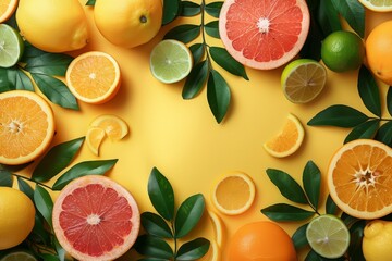 A pastel yellow background is decorated with summer tropical fruits like grapefruit, orange, tangerine, lemon, lime and leaves. The concept is food.