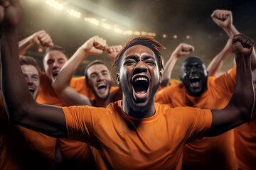 Wall Mural - mens soccer football players celebrating a triumph win or winning a league, cup or tournament in a stadium by cheering in joy and punching the air elated in victory group of man male orange kit