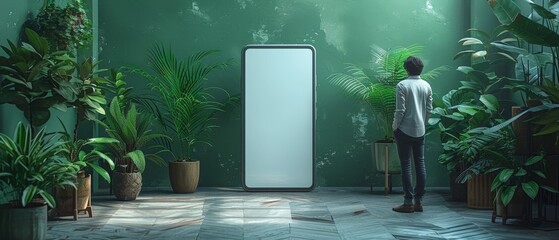 Poster - The figure is pointing at the screen of the device. A photo and 3D illustration of a man standing next to a 3D model of a smartphone with an empty white screen isolated on green background can be used