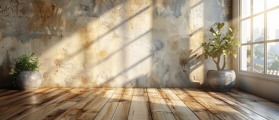 Sticker - Model of an empty room with wood laminate floor and sunlight casting shadows on the wall. A view of minimalist interior design. 3D rendering.