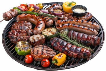 Poster - A barbecue grilled with meats and bratwursts and vegetables