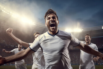 Wall Mural - mens soccer football players celebrating a triumph win or winning a league, cup or tournament in a stadium by cheering in joy and punching the air elated in victory group of man male white kit