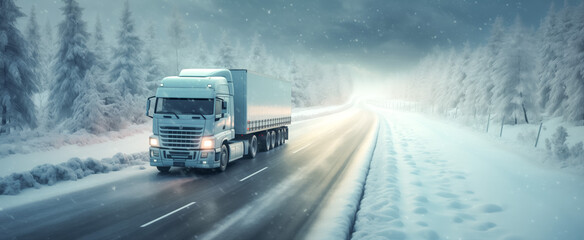 Wall Mural - Semi truck driving through snowy landscape on winter road