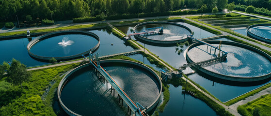 Aerial view of a water treatment facility with symmetrical circular tanks.