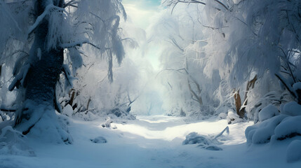  Frozen winter forest with snow covered trees. 3d illustration.