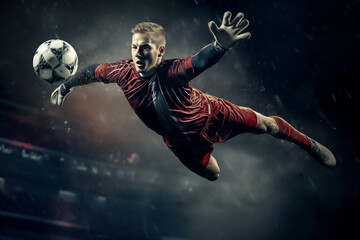 Wall Mural - A mens soccer football goalkeeper diving to save the ball in a dramatic action shot in saving the cross or penalty and denying the goal being scored in a dynamic stadium