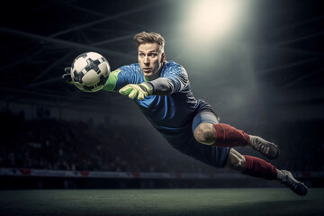 A mens soccer football goalkeeper diving to save the ball in a dramatic action shot in saving the cross or penalty and denying the goal being scored in a dynamic stadium