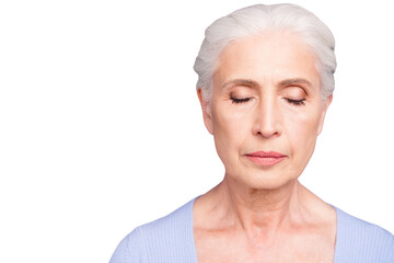 Poster - Portrait of beautiful nice gray-haired old peaceful lady wearing casual, closed eyes. Copy space. Isolated over pastel violet purple background