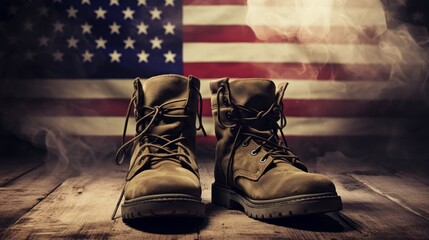 Military combat boots with US flag in the background