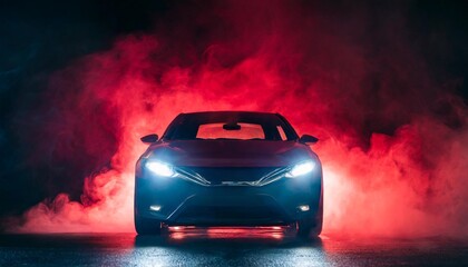 front view dark silhouette of a modern luxury red car isolated on dark background with red neon light and smoke created with technology