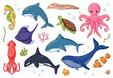 Fototapeta Dinusie - Undersea animals set in flat style. Underwater wild life creatures blue whale, clown fish, dolphin, killer whale, moray, octopus, sea horse, squid, stingray, turtle. Vector illustration.