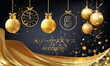 メリークリスマスと2025年明けましておめでとうございます2025年を金と黒で願うカードまたはヘッドバンドは、黒の背景にボケ効果の円の金色のドレープの下にクリスマスのつまらないものと時計で構成されています
