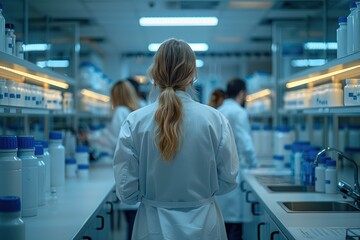 Poster - Scientists in lab coats working at pharmaceutical quality control laboratory. Generative AI.
