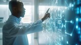 Fototapeta  - Healthcare professional wearing a lab coat, gesturing towards AI-powered health analytics on a transparent screen. Generative AI.
