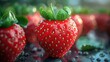 Strawberries with vibrant green leaves, bejeweled with fresh morning dew, conveying freshness and natural purity.