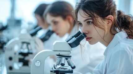 Poster - Young female medical researchers using microscopes. Generative AI.