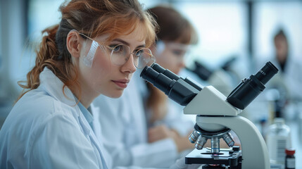 Aufkleber - Young female medical researchers using microscopes. Generative AI.