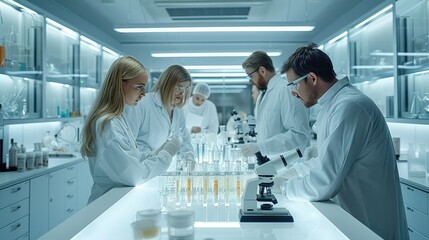 Team of scientists and researchers collaborating in a modern laboratory, discussing over microscopes and test tubes. Generative AI.