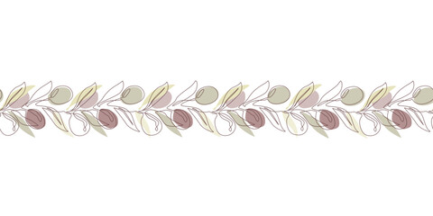 Wall Mural - Olive branches and fruits seamless border pattern, continuous line drawing, pastel colors. Hand drawn floral background, vector illustration.