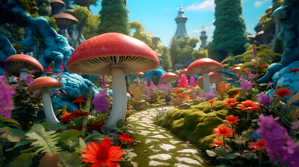 Fantasy garden with mushrooms and flowers. Colorful fantasy garden.