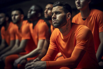 Wall Mural - mens soccer football Dejected and down sports players looking sad and unhappy after losing a game or penalty shoot out in the match stadium depressed knocked out of the league cup tournament orange